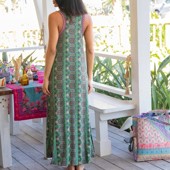 Natural Life Floral Green Willow Trim Sleeveless Maxi Dress Sz L - Picture 3 of 9